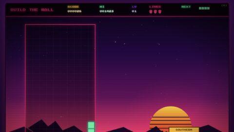 لعبة Build the Wall على موقع Arcade.gov وقطع تسقط فوق لافتة الحدود الجنوبية