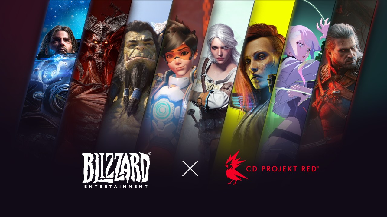 شعارا بليزارد وCD Projekt Red مع شخصيات من ألعابهما، في خبر متجر Battle.net