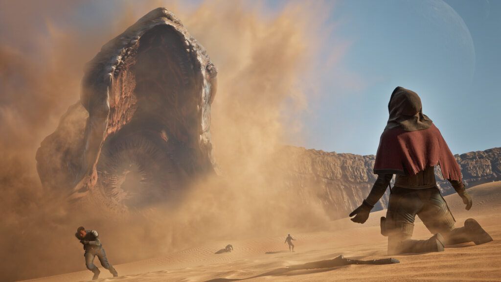 شخصية تواجه دودة رمل عملاقة في Dune: Awakening