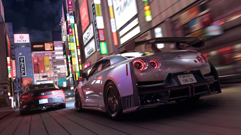 سيارة تنطلق في شارع ياباني مضاء بالنيون في Forza Horizon 6