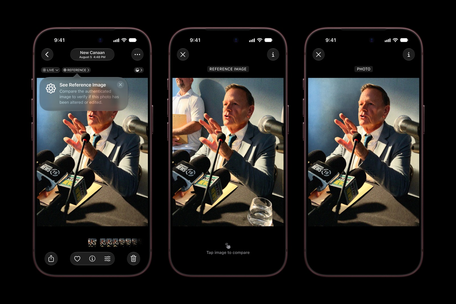 ثلاث شاشات تعرض ميزة Apple Reference Image في تطبيق الصور على iPhone 18 Pro