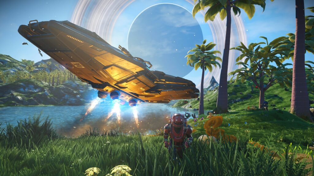 سفينة تهبط على كوكب أخضر في لعبة No Man's Sky