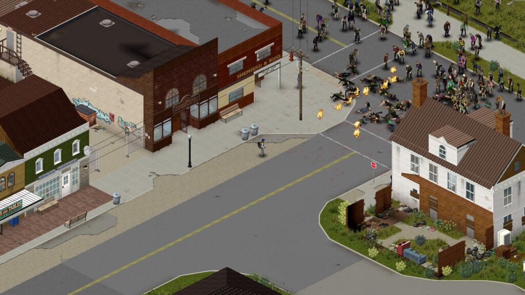 حشد من الزومبي في شارع بمدينة في Project Zomboid