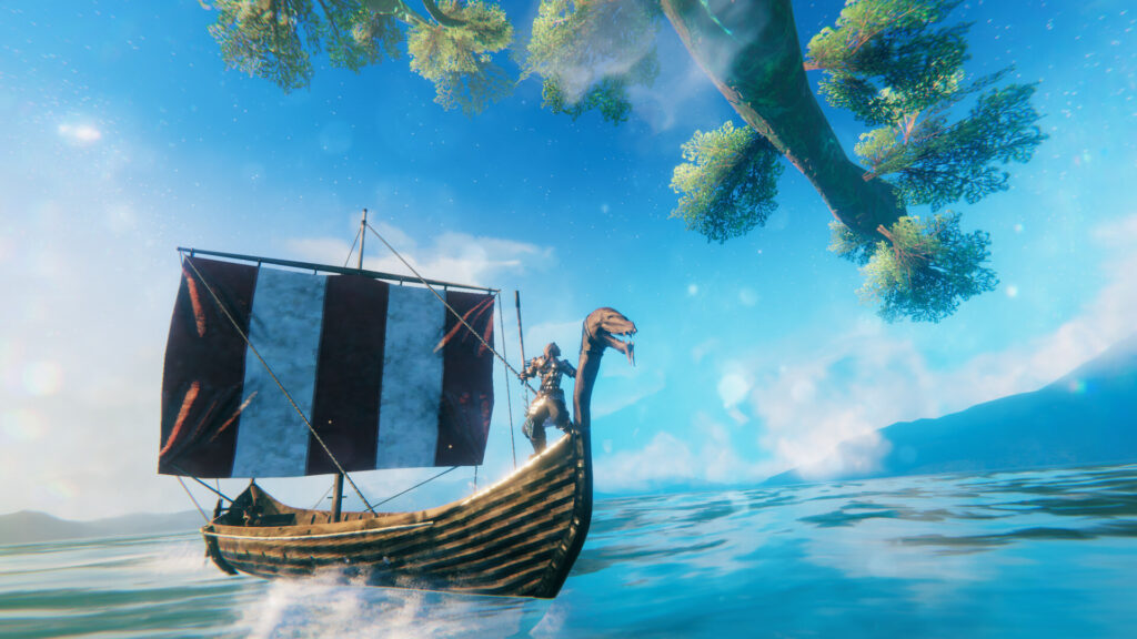 سفينة فايكنغ تبحر في عالم لعبة Valheim