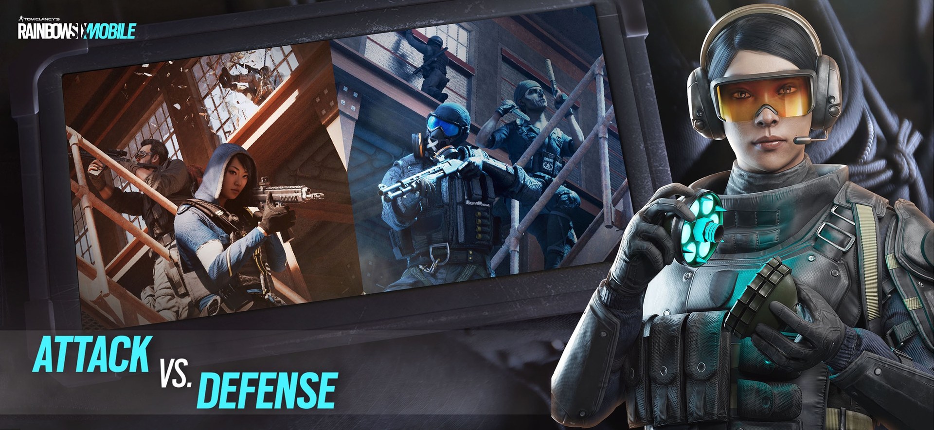 لقطة من Rainbow Six Mobile تُظهر مشغّلة ومباراة هجوم ودفاع