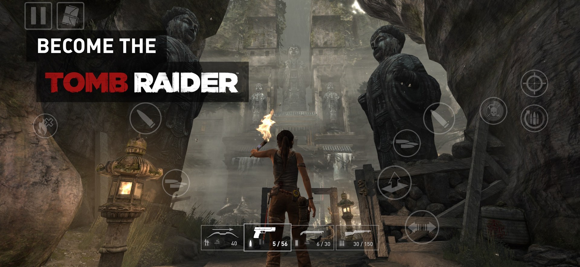 لارا كروفت تحمل مشعلًا في كهف في Tomb Raider على الجوال