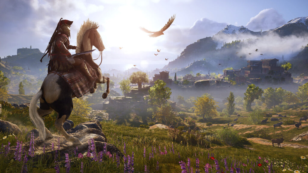 فارس على حصان يطلّ على وادٍ يوناني واسع في Assassin's Creed Odyssey