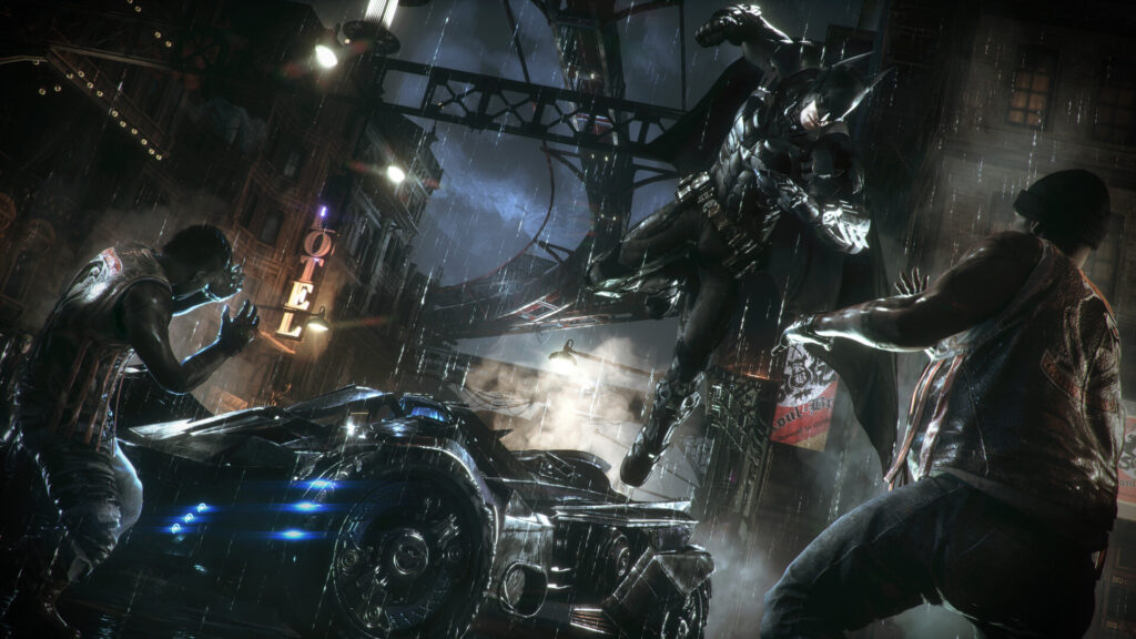 باتمان والباتموبيل في شوارع جوثام الممطرة في Batman: Arkham Knight