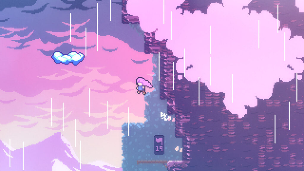 مادلين تتسلّق جدارًا في مرحلة أرجوانية من لعبة Celeste
