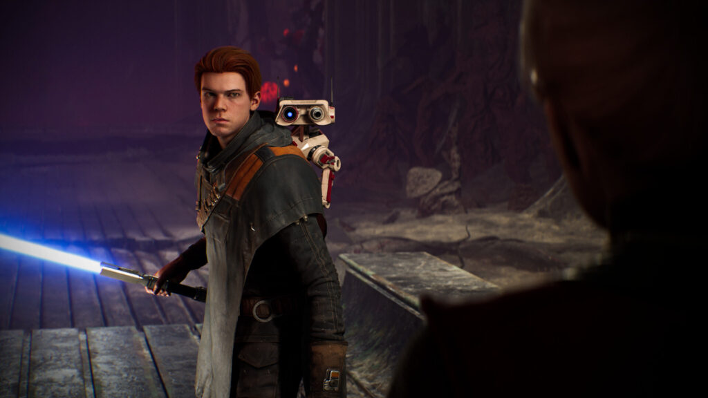 كال كيستس وسيفه الضوئي مع الروبوت BD-1 في Star Wars Jedi: Fallen Order
