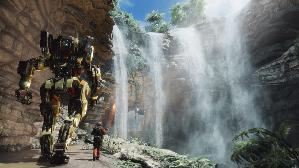 روبوت تايتان يقف أمام شلّال في Titanfall 2