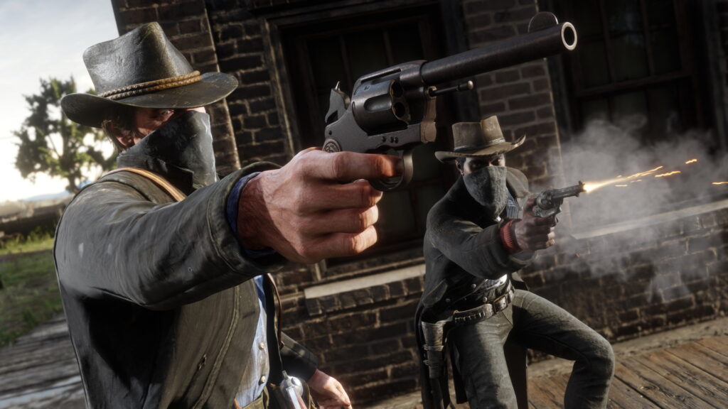 مشهد من Red Dead Redemption 2 يظهر فيه رجلان يطلقان النار في شارع
