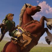 لينك على ظهر إيبونا في سهل هايرول من ريميك Ocarina of Time