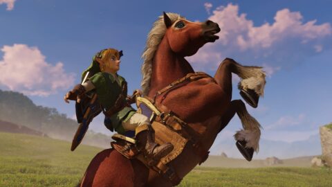 لينك على ظهر إيبونا في سهل هايرول من ريميك Ocarina of Time