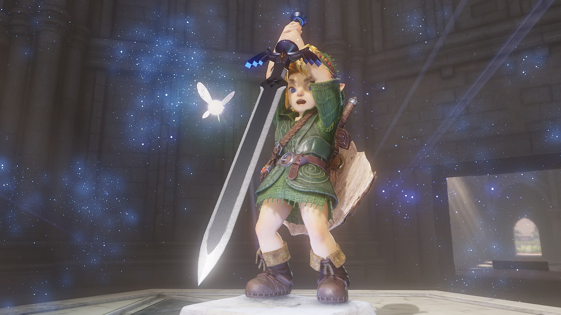 لينك يرفع السيف الأسطوري، وقد تحدّد موعد إصدار Ocarina of Time في 5 نوفمبر